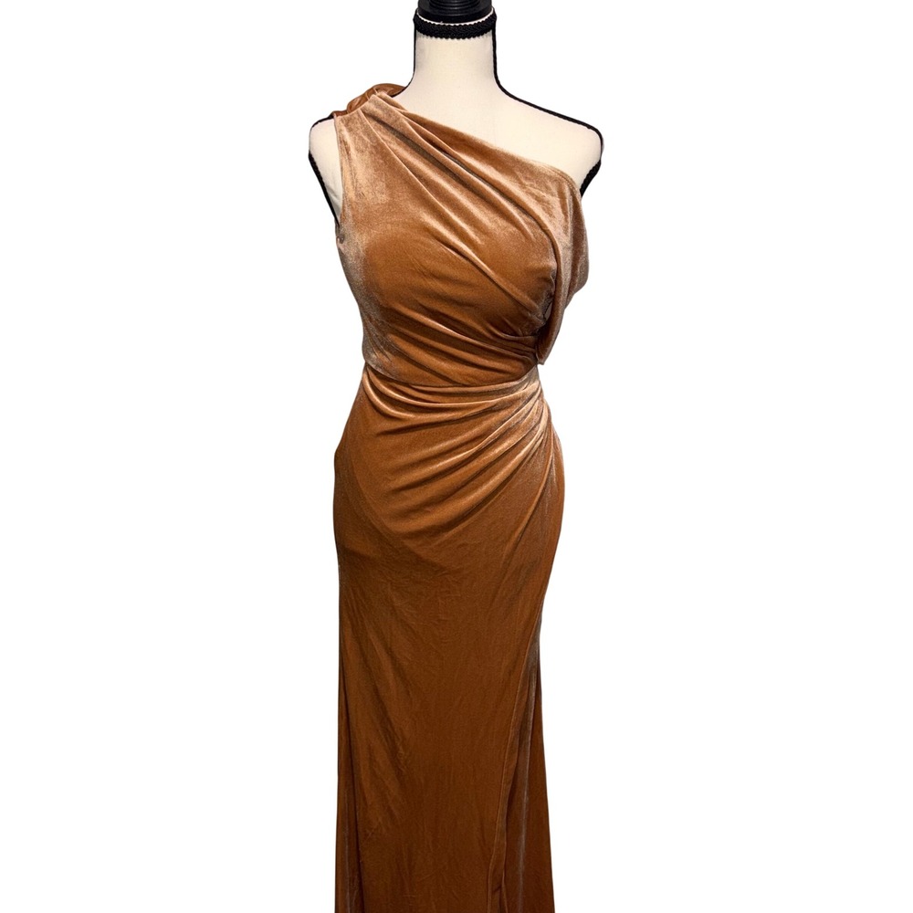 NWT Gown Women 00 Copper One Shoulder Ruched Velvet Fashion Class and Fashion